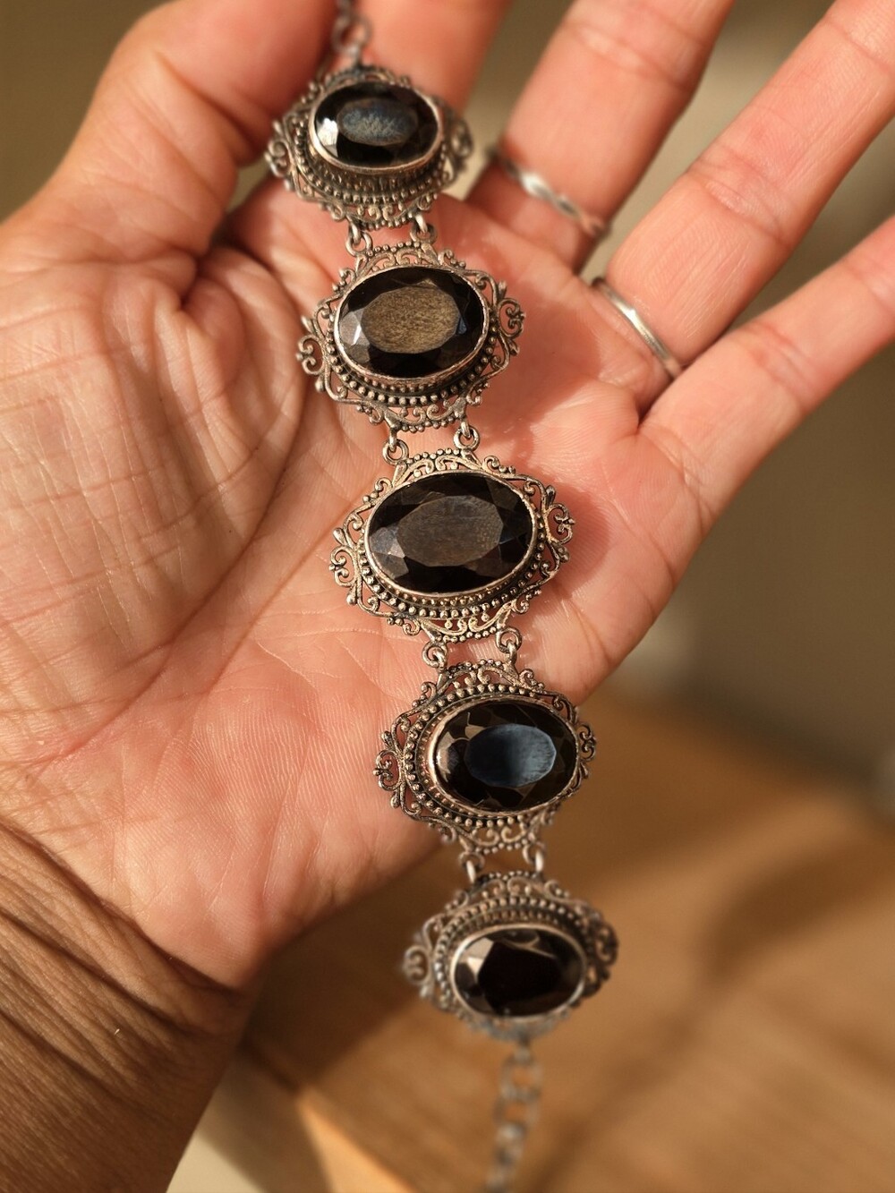 Chunky solid 925 sterling silver spinel black gemstone ornate filigree bracelet